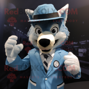 Sky Blue Wolf mascot costume character dressed with a Suit Jacket and Hat pins
