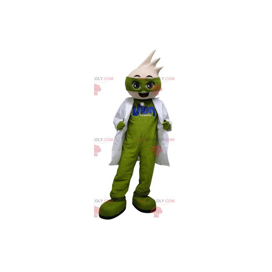 Mascota de muñeco de nieve verde con una blusa blanca -