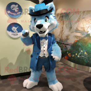 Sky Blue Wolf mascot costume character dressed with a Suit Jacket and Hat pins