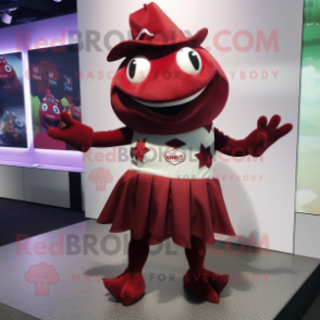 Maroon Frog mascot costume character dressed with a Mini Skirt and Beanies