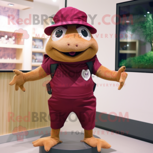 Maroon Frog mascot costume character dressed with a Mini Skirt and Beanies