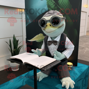 Silver Sea Turtle mascot costume character dressed with a Tuxedo and Reading glasses