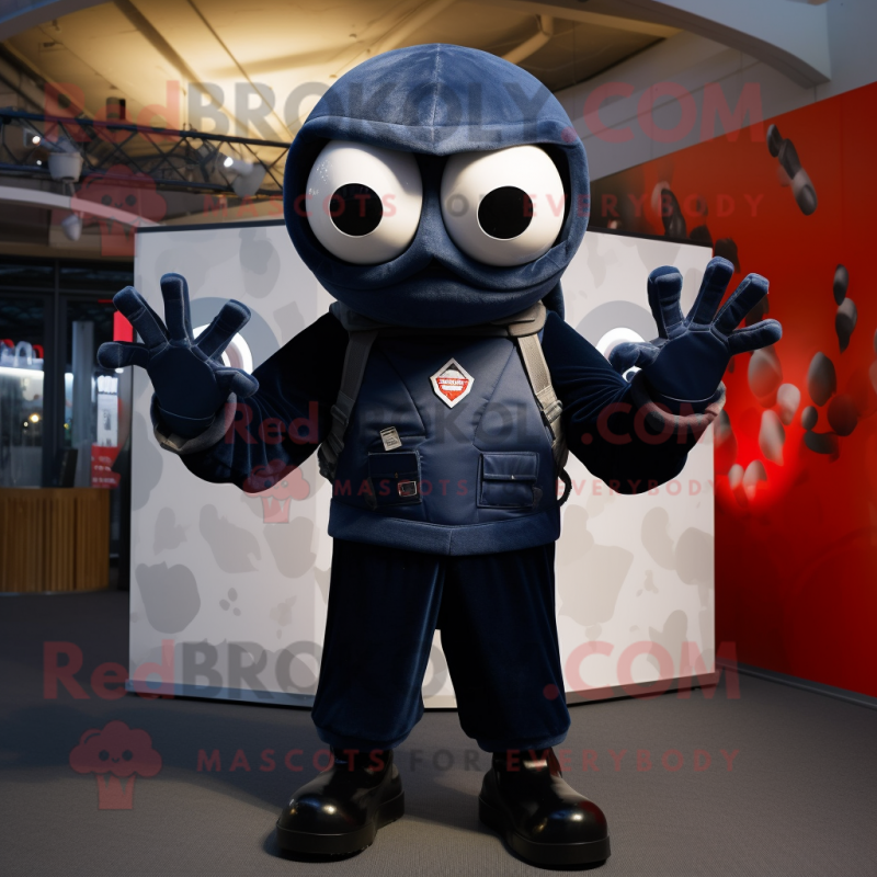 Navy Spider mascot costume character dressed with a Bomber Jacket and Mittens