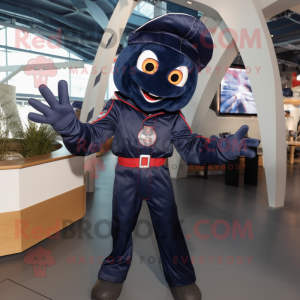 Navy Spider mascot costume character dressed with a Bomber Jacket and Mittens