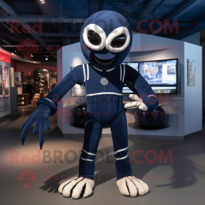 Navy Spider mascot costume character dressed with a Bomber Jacket and Mittens