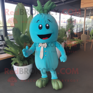 Teal Pepper mascot costume character dressed with a Suit Pants and Hair clips