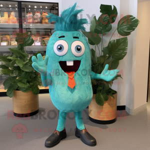 Teal Pepper mascot costume character dressed with a Suit Pants and Hair clips