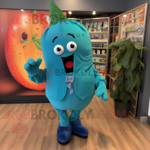 Teal Pepper mascot costume character dressed with a Suit Pants and Hair clips