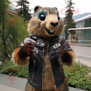 nan Marmot mascot costume character dressed with a Biker Jacket and Suspenders