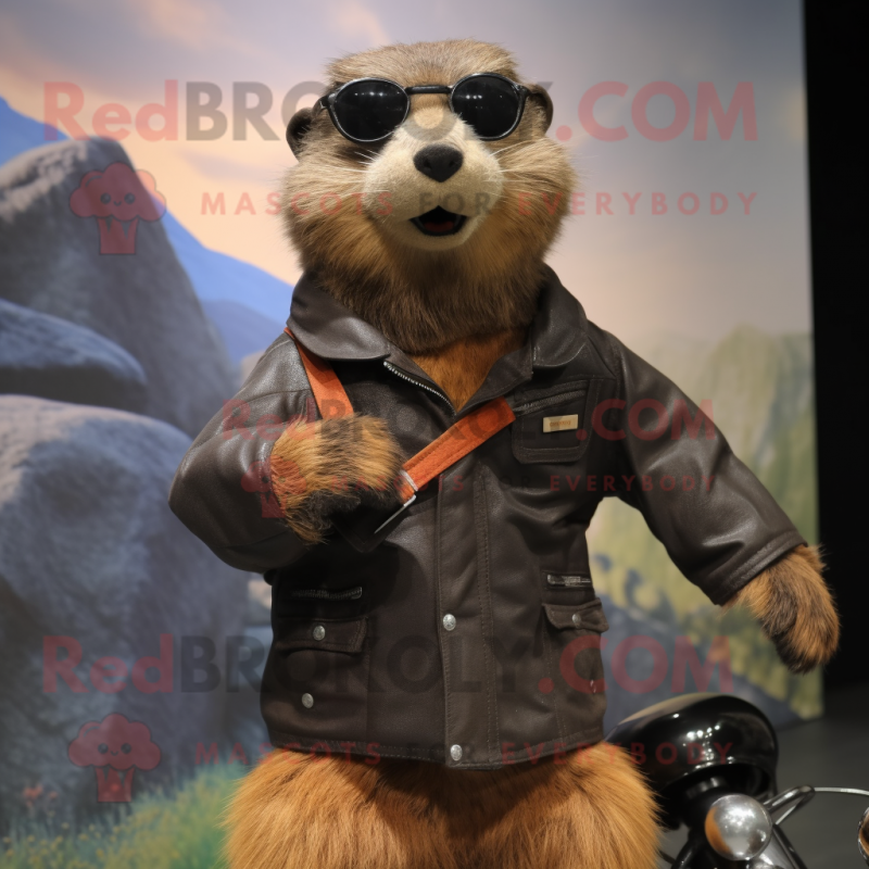 nan Marmot mascot costume character dressed with a Biker Jacket and Suspenders nan Marmot mascot costume character dressed with a Biker Jacket and Suspenders