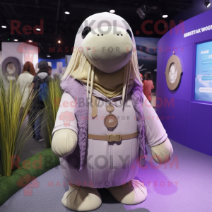 Lavender Walrus mascot costume character dressed with a Parka and Necklaces