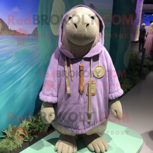 Lavender Walrus mascot costume character dressed with a Parka and Necklaces