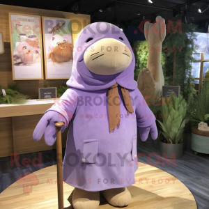 Lavender Walrus mascot costume character dressed with a Parka and Necklaces