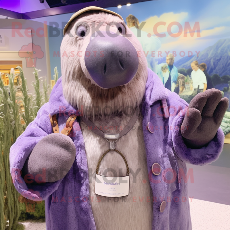 Lavender Walrus mascot costume character dressed with a Parka and Necklaces Lavender Walrus mascot costume character dressed with a Parka and Necklaces