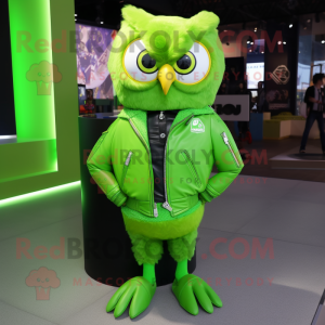 Lime Green Owl mascot costume character dressed with a Leather Jacket and Anklets
