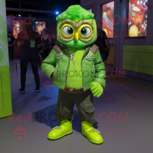 Lime Green Owl mascot costume character dressed with a Leather Jacket and Anklets
