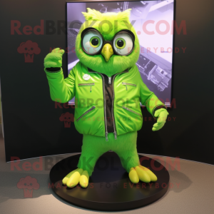 Lime Green Owl mascot costume character dressed with a Leather Jacket and Anklets