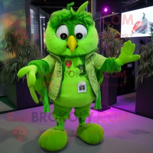 Lime Green Owl mascot costume character dressed with a Leather Jacket and Anklets