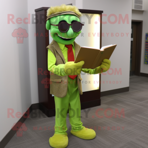 Lime Green Attorney mascot costume character dressed with a Corduroy Pants and Reading glasses