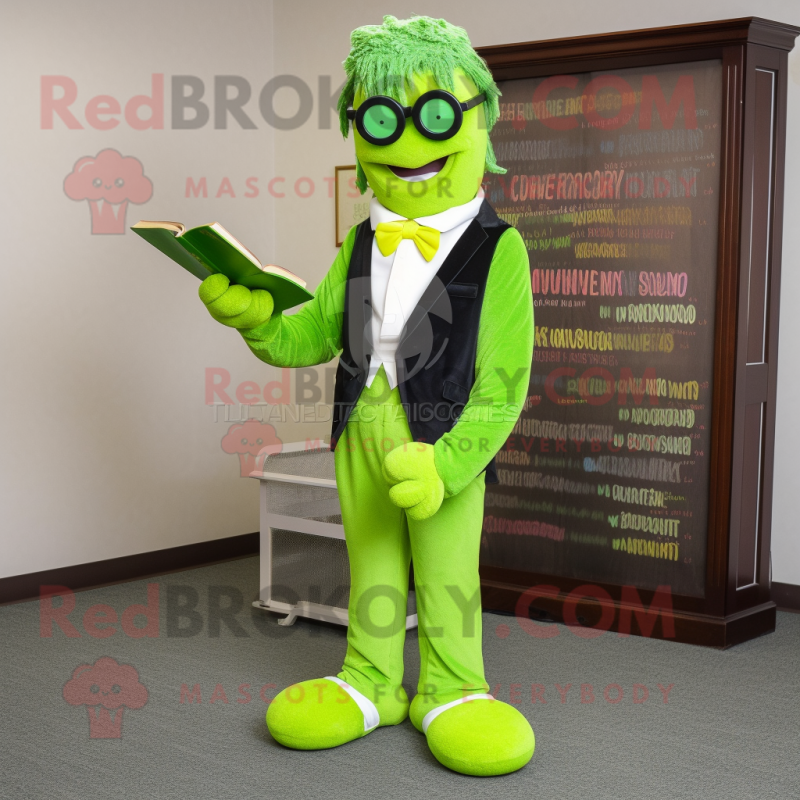 Lime Green Attorney mascot costume character dressed with a Corduroy Pants and Reading glasses