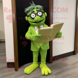 Lime Green Attorney mascot costume character dressed with a Corduroy Pants and Reading glasses