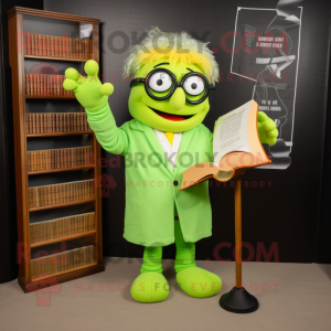 Lime Green Attorney mascot costume character dressed with a Corduroy Pants and Reading glasses