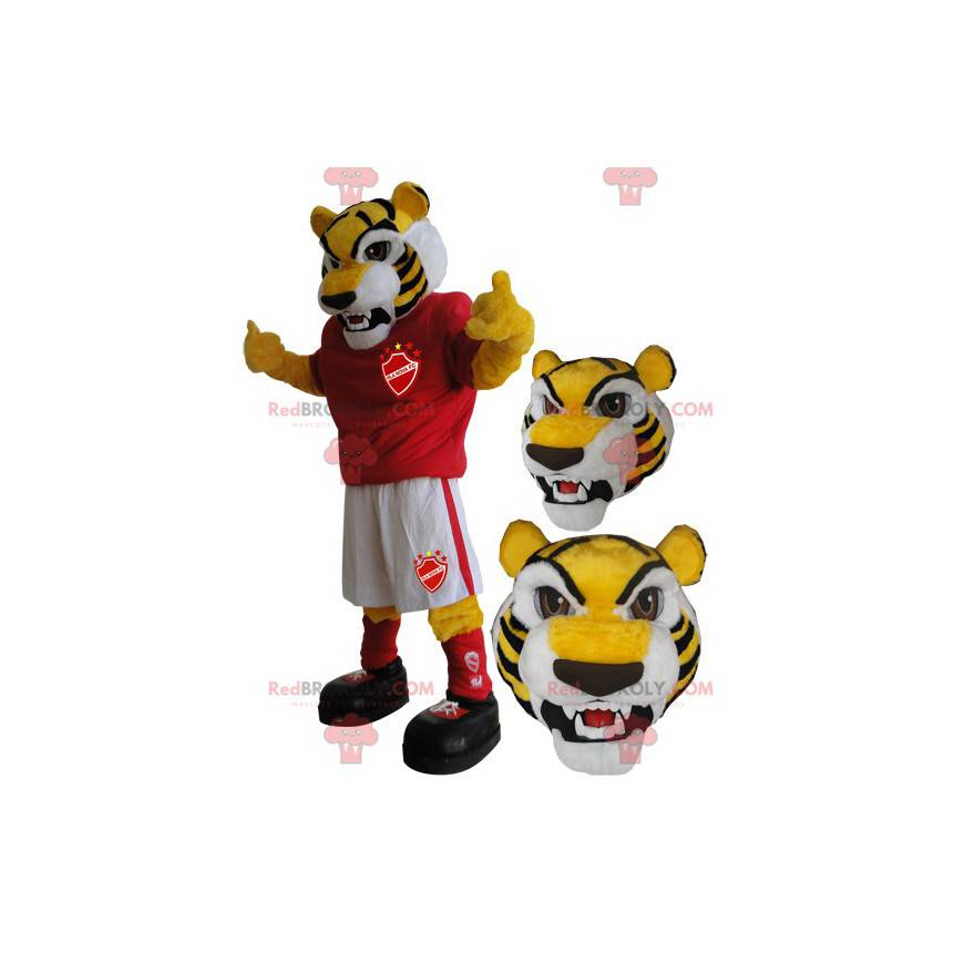 Mascota de tigre amarillo en ropa deportiva - Redbrokoly.com