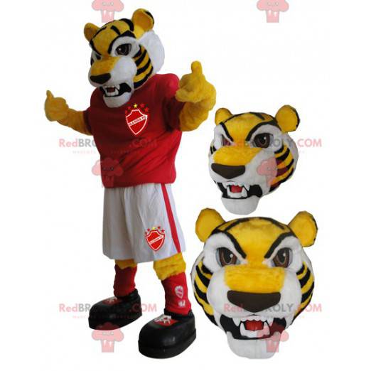 Mascote tigre amarelo em roupas esportivas - Redbrokoly.com