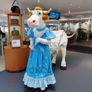 Blue Hereford Cow mascot costume character dressed with a Maxi Skirt and Coin purses