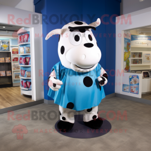 Blue Hereford Cow mascot costume character dressed with a Maxi Skirt and Coin purses