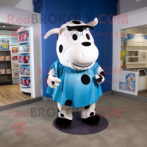 Blue Hereford Cow mascot costume character dressed with a Maxi Skirt and Coin purses