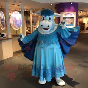 Blue Hereford Cow mascot costume character dressed with a Maxi Skirt and Coin purses