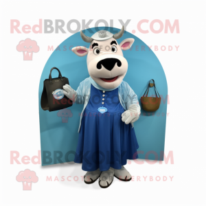 Blue Hereford Cow mascot costume character dressed with a Maxi Skirt and Coin purses
