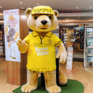 Yellow Otter mascot costume character dressed with a Rugby Shirt and Hat pins