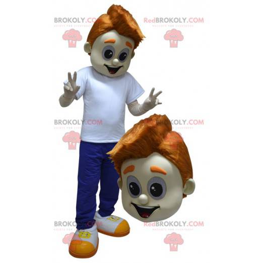 Mascotte giovane adolescente vestito di blu e bianco -
