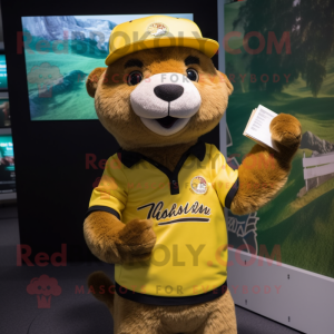 Yellow Otter mascot costume character dressed with a Rugby Shirt and Hat pins