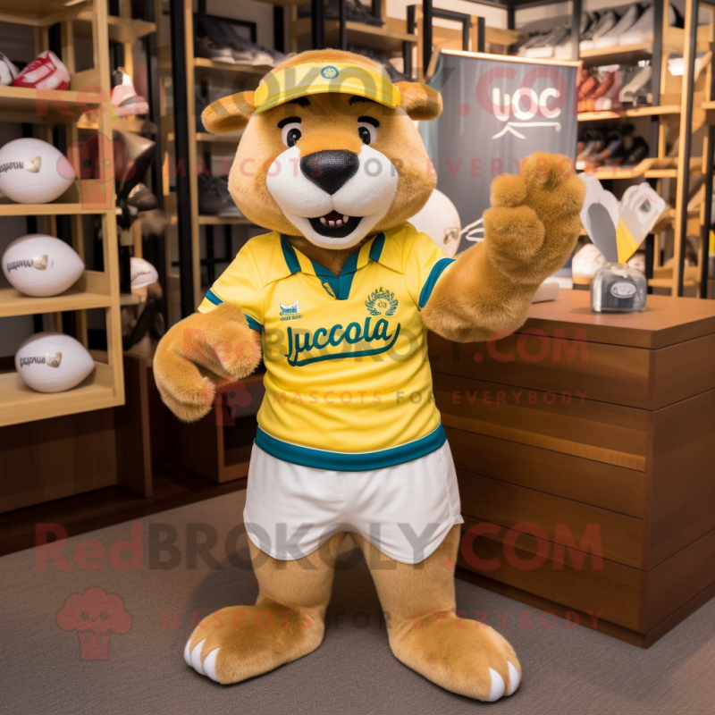 Yellow Otter mascot costume character dressed with a Rugby Shirt and Hat pins Yellow Otter mascot costume character dressed with a Rugby Shirt and Hat pins