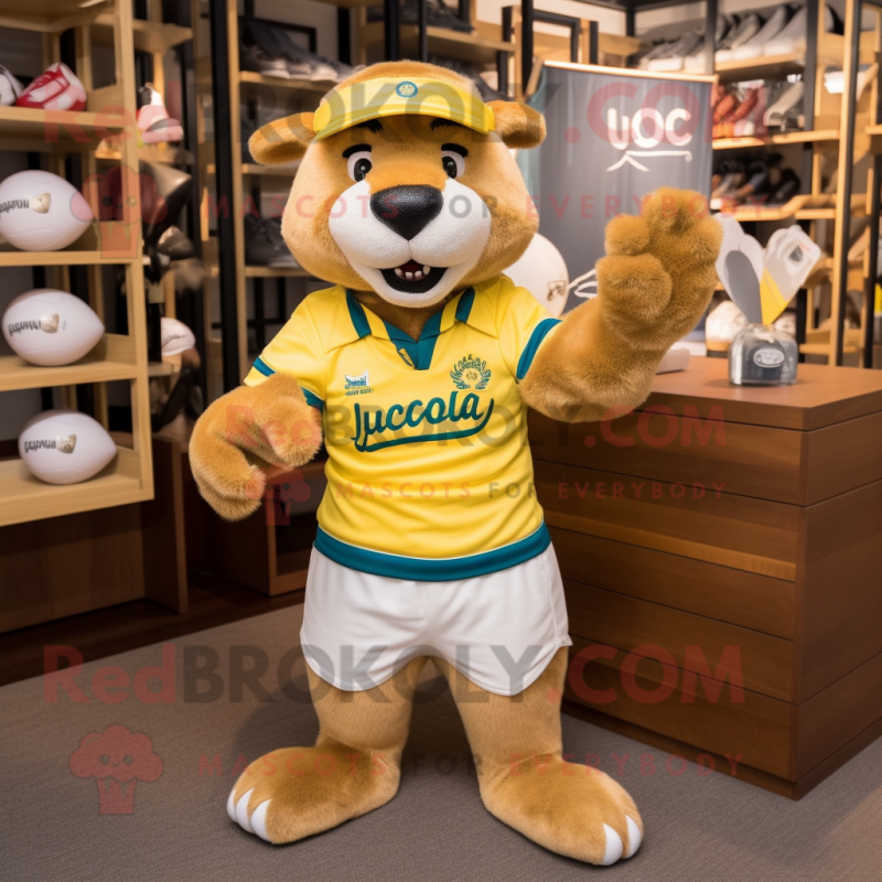 Yellow Otter mascot costume character dressed with a Rugby Shirt and Hat pins