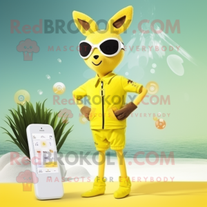 Lemon Yellow Roe Deer mascot costume character dressed with a One-Piece Swimsuit and Digital watches