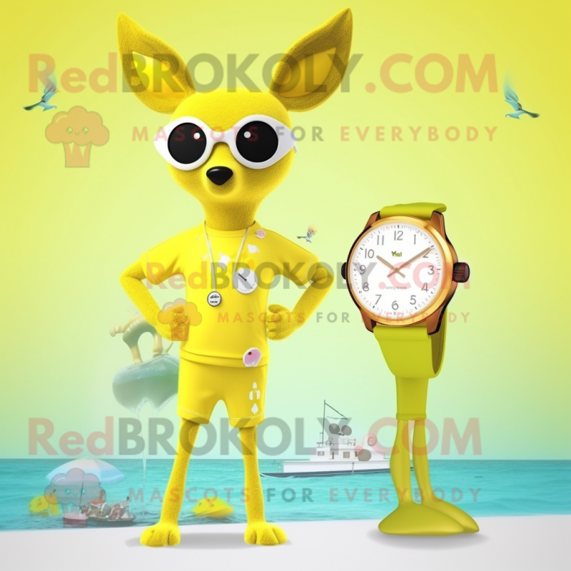 Lemon Yellow Roe Deer mascot costume character dressed with a One-Piece Swimsuit and Digital watches