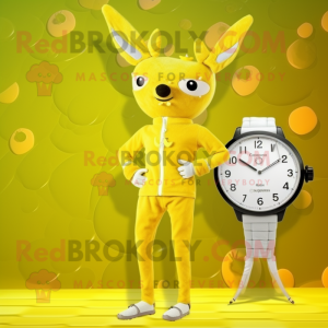 Lemon Yellow Roe Deer mascot costume character dressed with a One-Piece Swimsuit and Digital watches