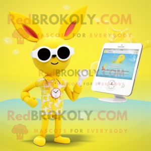 Lemon Yellow Roe Deer mascot costume character dressed with a One-Piece Swimsuit and Digital watches