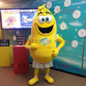 Lemon Yellow Spaghetti mascot costume character dressed with a Rugby Shirt and Bracelet watches