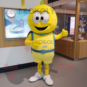 Lemon Yellow Spaghetti mascot costume character dressed with a Rugby Shirt and Bracelet watches