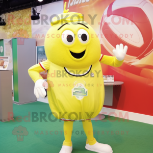 Lemon Yellow Spaghetti mascot costume character dressed with a Rugby Shirt and Bracelet watches