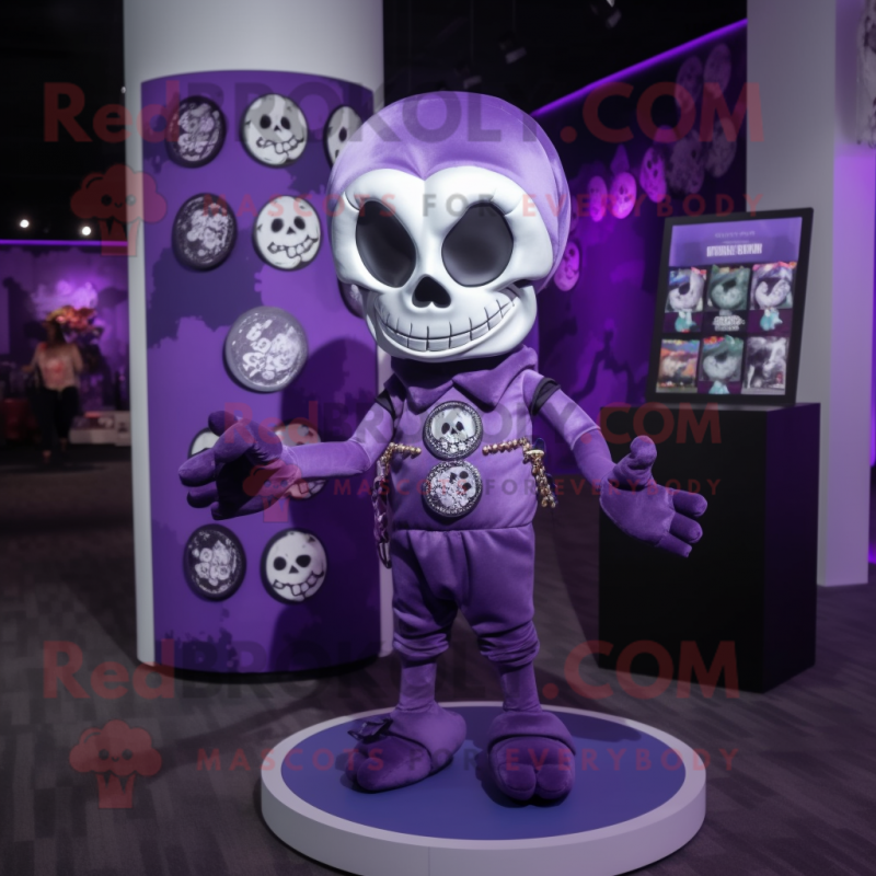 Purple Skull mascot costume character dressed with a Playsuit and Coin purses