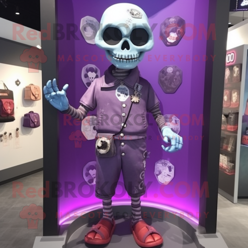 Purple Skull mascot costume character dressed with a Playsuit and Coin purses