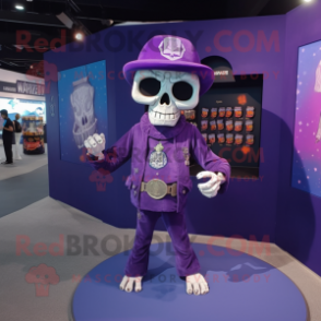 Purple Skull mascot costume character dressed with a Playsuit and Coin purses