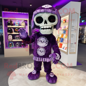 Purple Skull mascot costume character dressed with a Playsuit and Coin purses