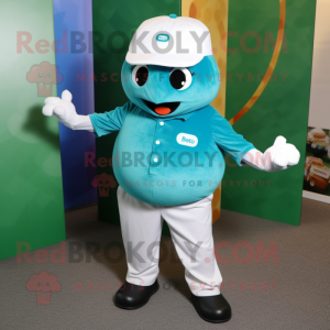 Teal Golf Ball mascot costume character dressed with a Button-Up Shirt and Cufflinks